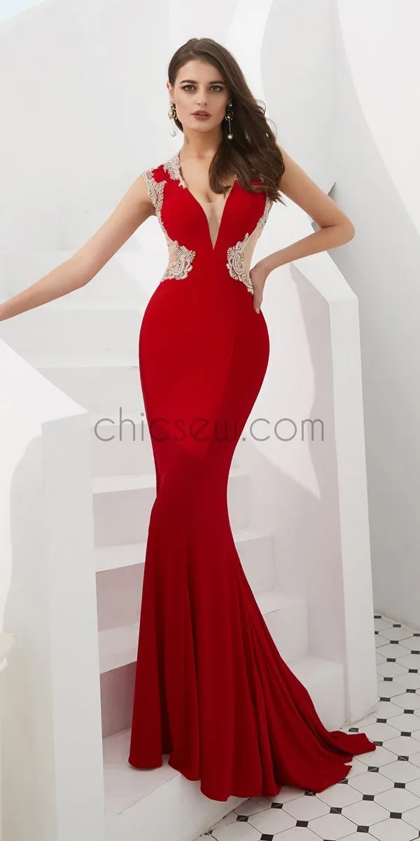 Red Long V-Neck Unique Mermaid Long Modest Prom Dresses Online, Evening Dresses LMX1149