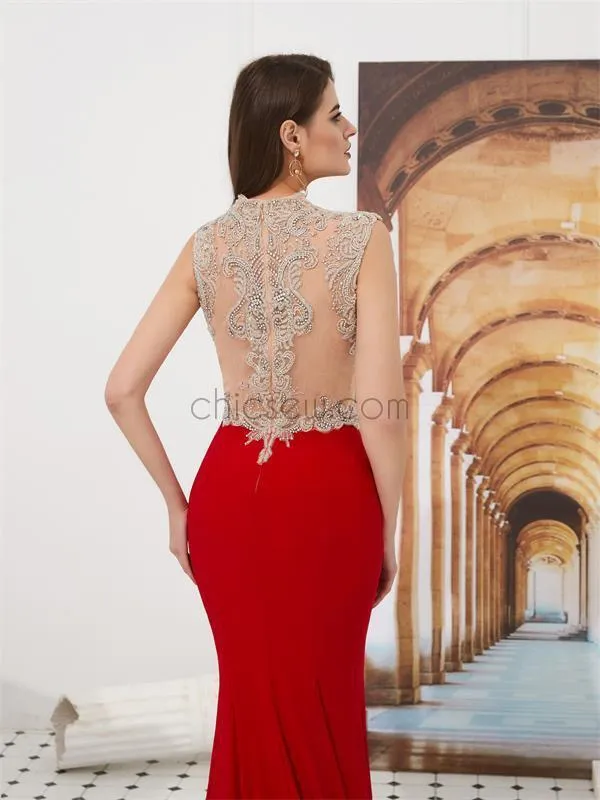 Red Long V-Neck Unique Mermaid Long Modest Prom Dresses Online, Evening Dresses LMX1149