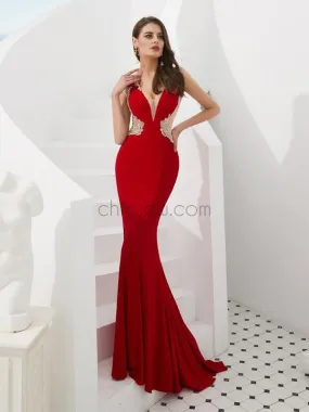 Red Long V-Neck Unique Mermaid Long Modest Prom Dresses Online, Evening Dresses LMX1149