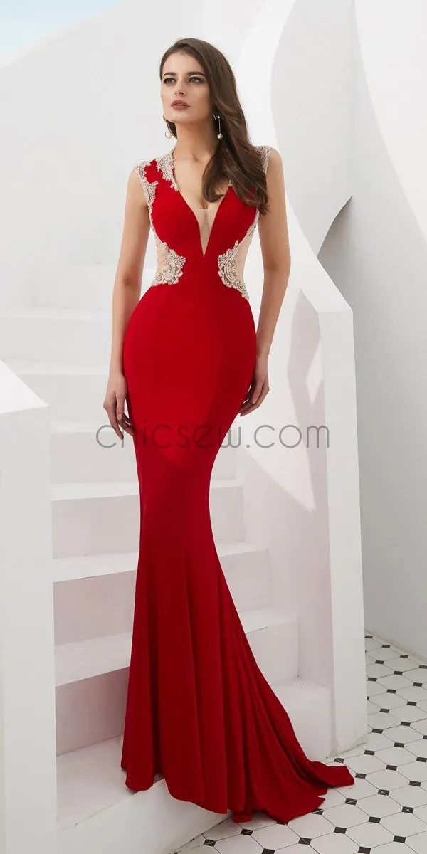 Red Long V-Neck Unique Mermaid Long Modest Prom Dresses Online, Evening Dresses LMX1149