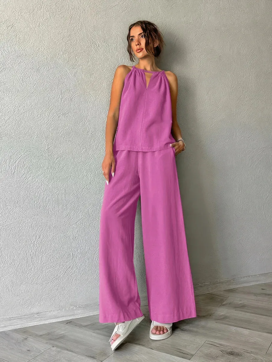 Sleeveless halter neck vest wide leg pants two-piece set