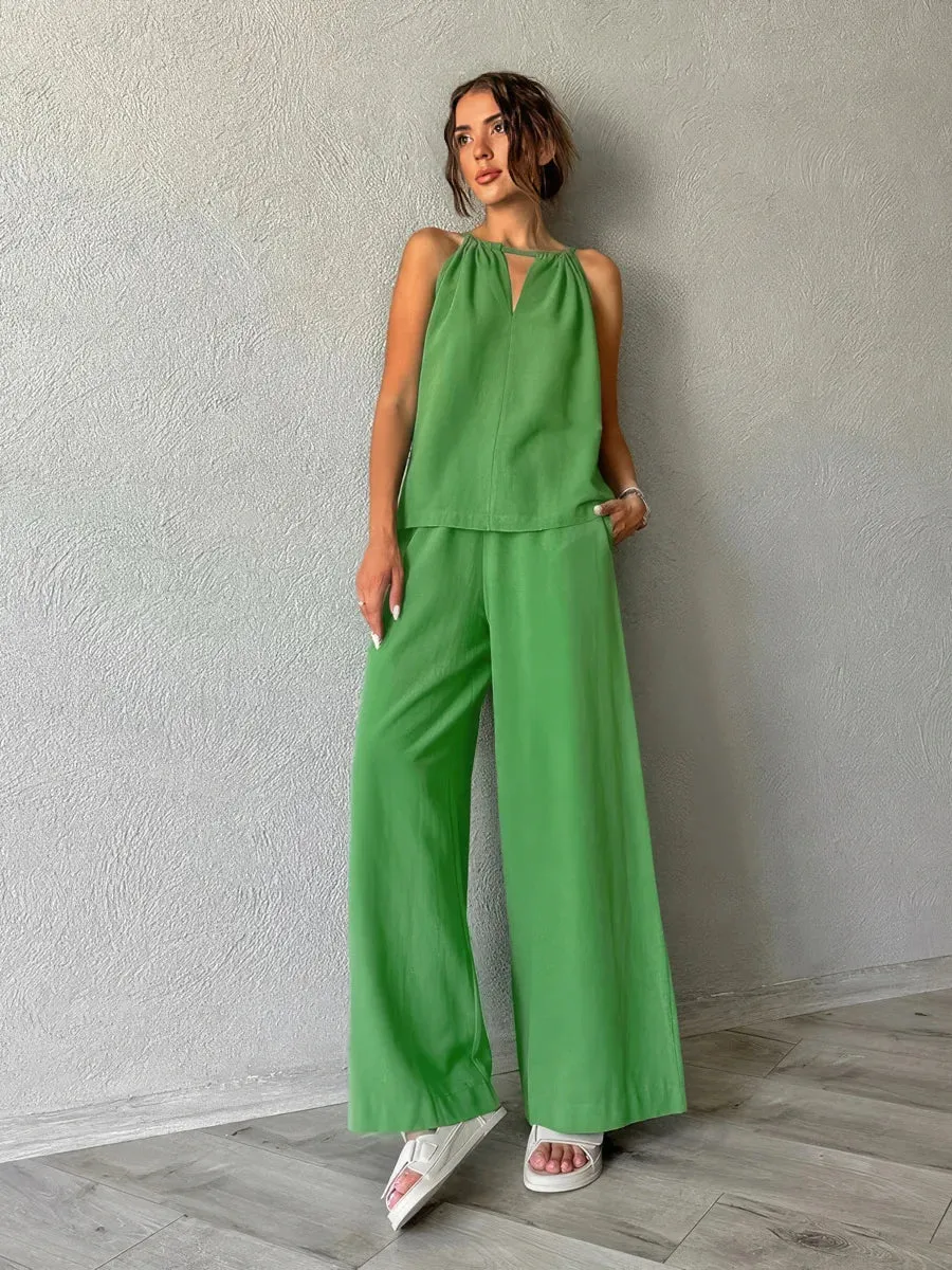 Sleeveless halter neck vest wide leg pants two-piece set