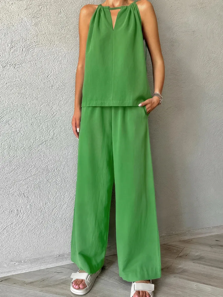 Sleeveless halter neck vest wide leg pants two-piece set