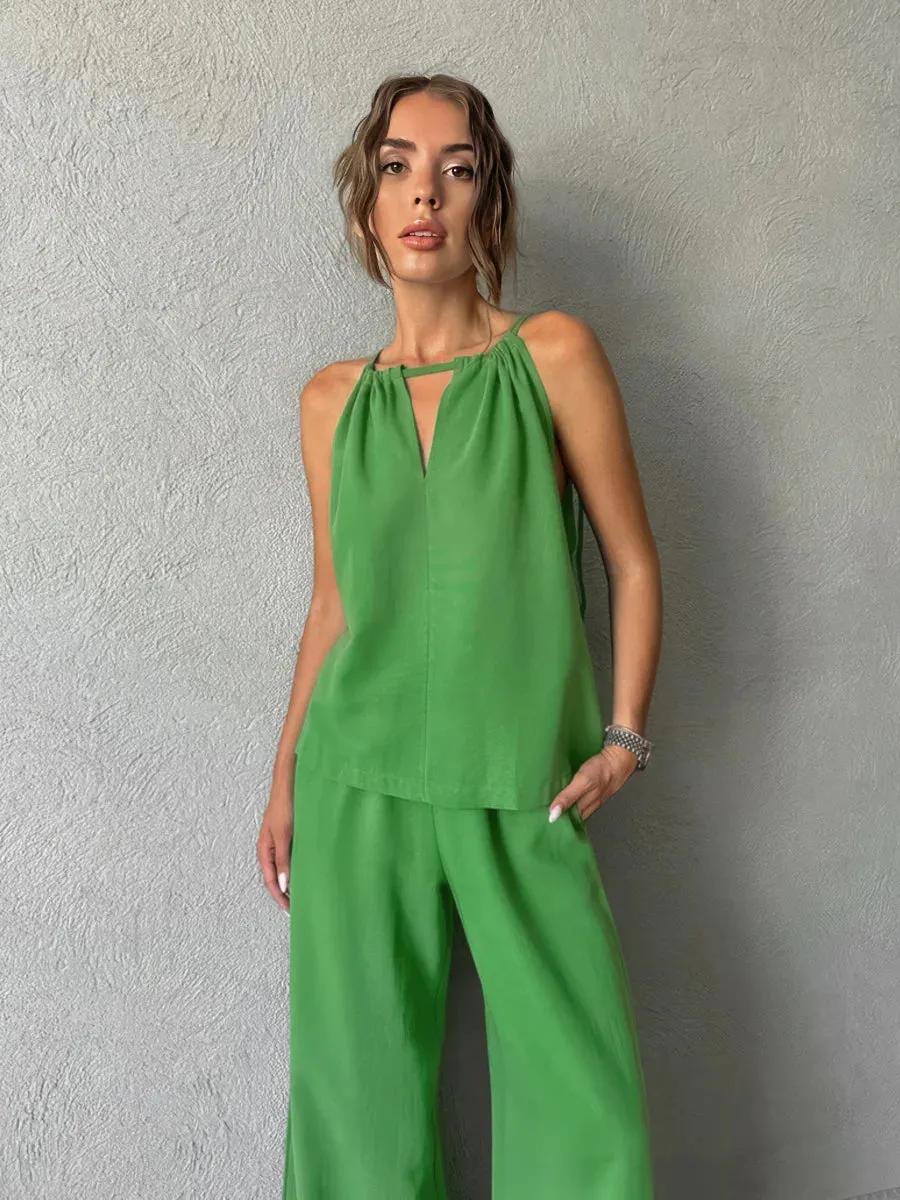 Sleeveless halter neck vest wide leg pants two-piece set