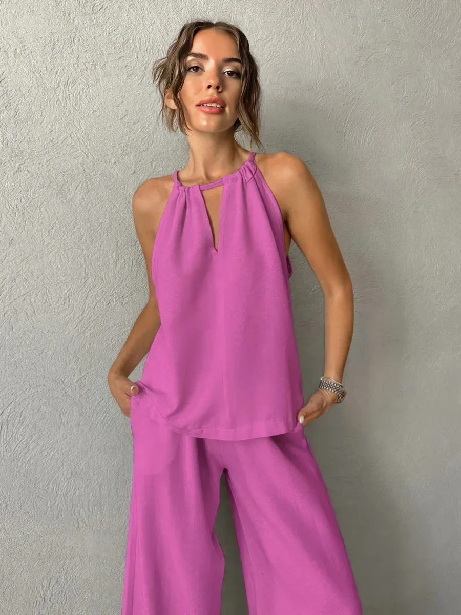 Sleeveless halter neck vest wide leg pants two-piece set