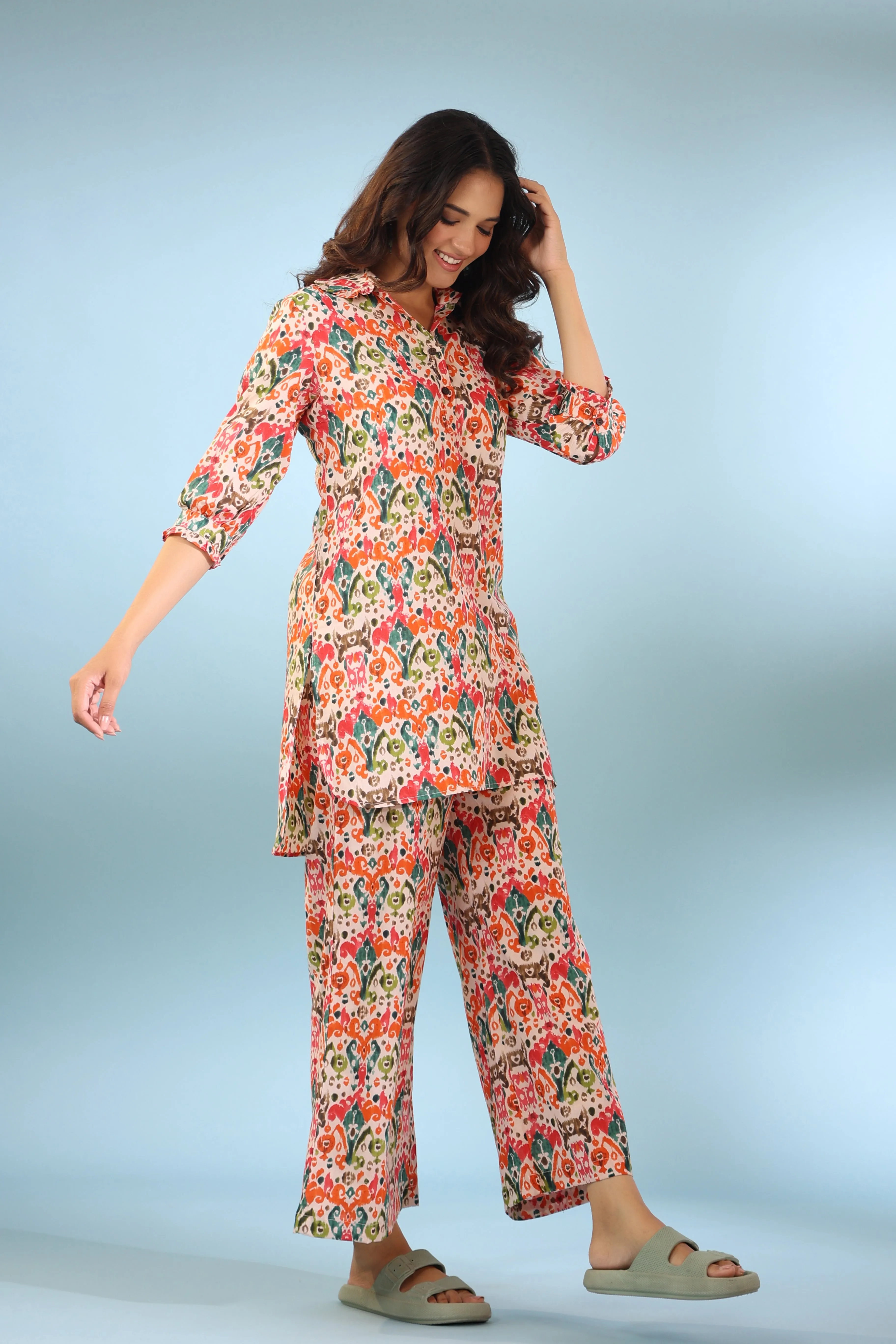 Traditional Ikat on Collared Cotton Palazzo Loungewear Set