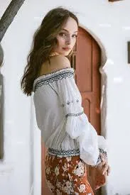 White Boho Peasant Top "Folklore" Black Embroidery Tassel Ties Bohemian Blouse Sizes Small Medium Or Large
