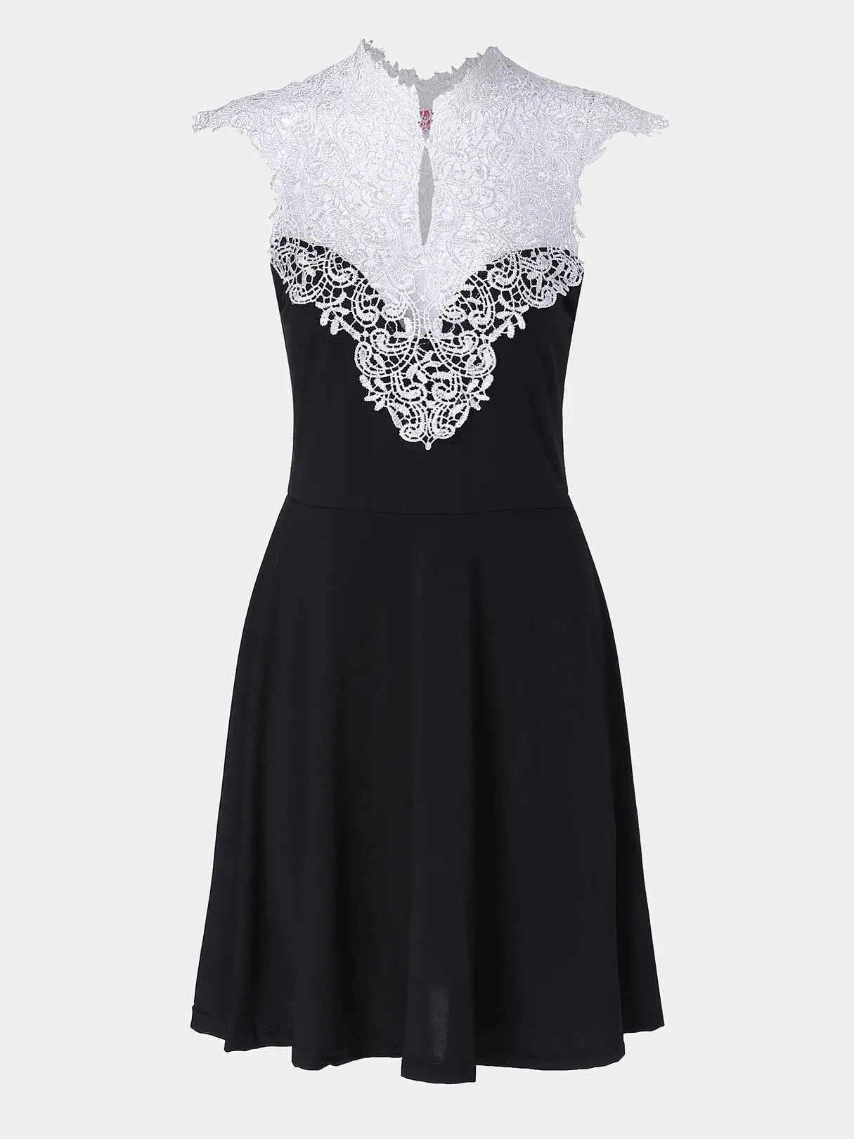 Wholesale Black V-Neck Sleeveless Plain Lace Zip Back Hollow Midi Dress
