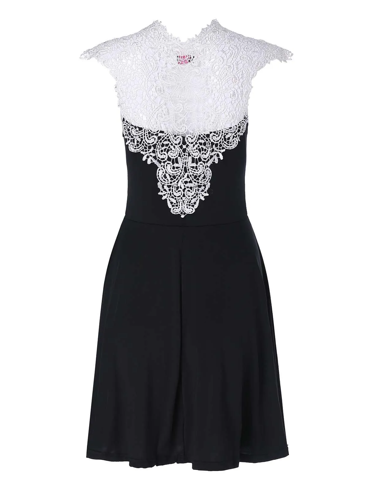 Wholesale Black V-Neck Sleeveless Plain Lace Zip Back Hollow Midi Dress