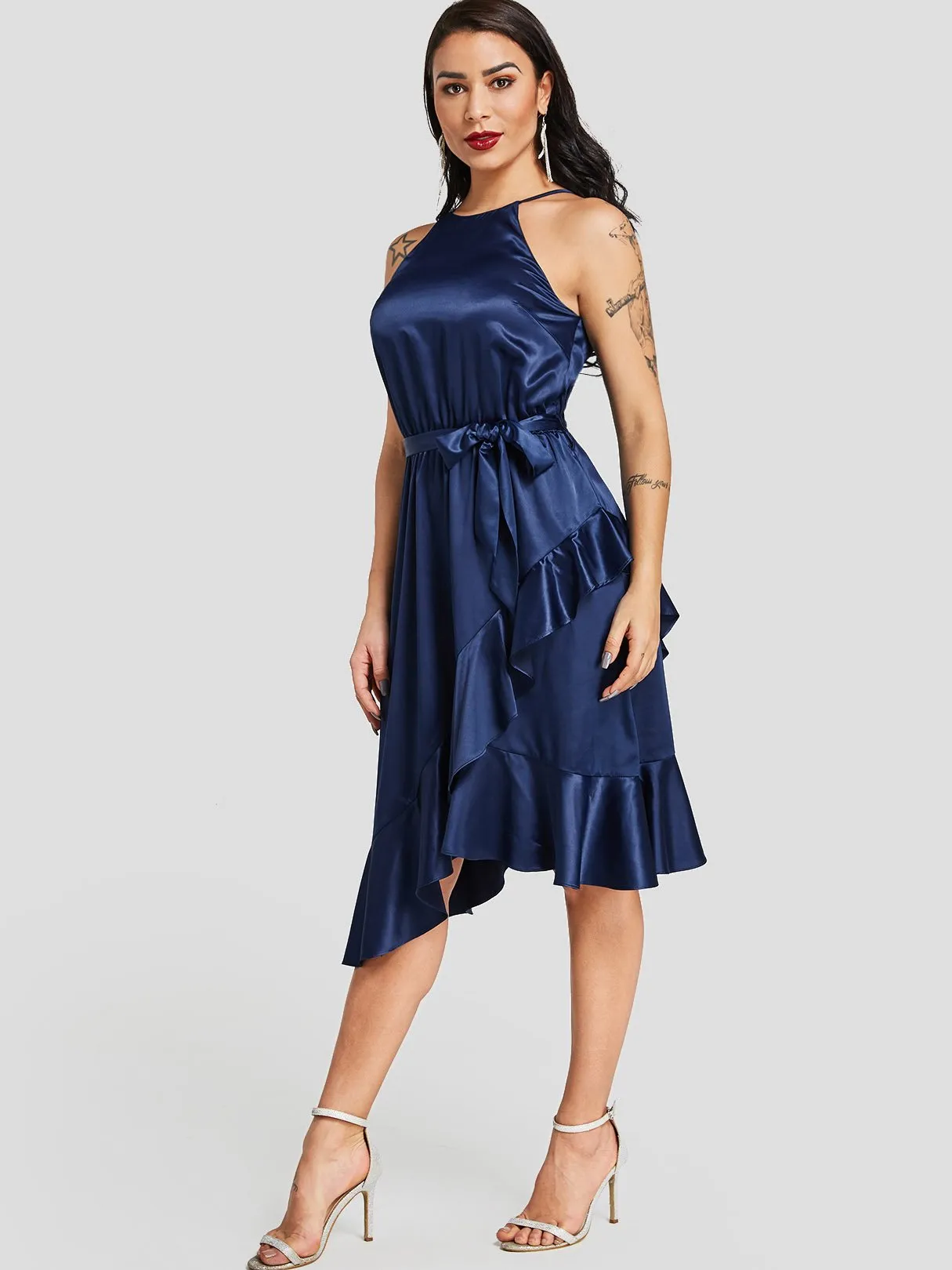Wholesale Navy Halter Sleeveless Zip Back Belt Irregular Flounced Hem Midi Dresses