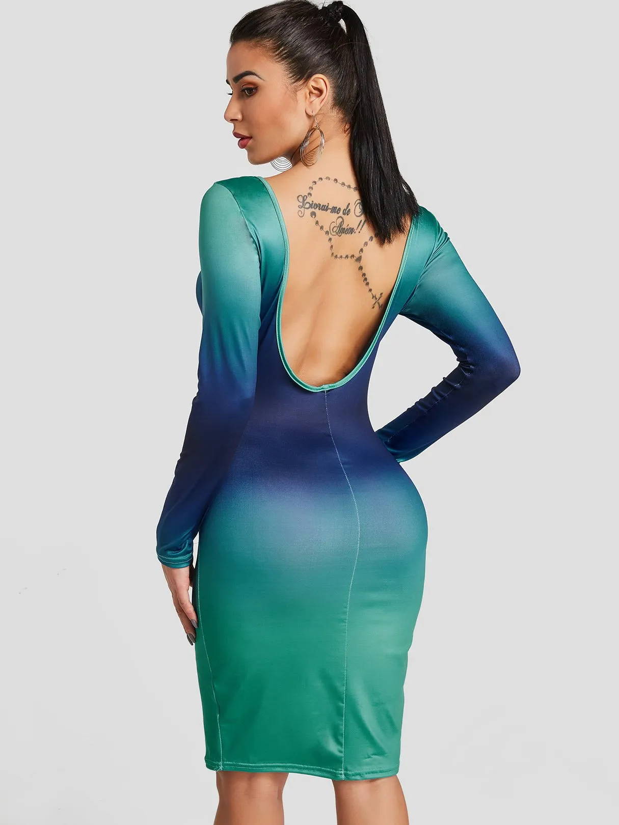Wholesale Round Neck Long Sleeve Backless Bodycon Midi Dresses